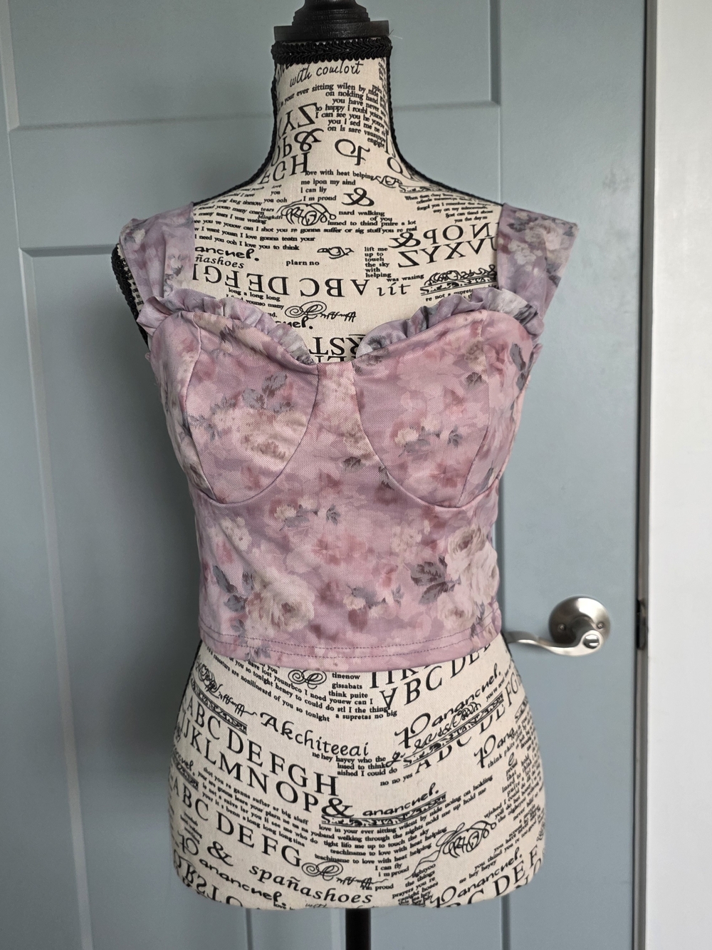 SHEIN Floral Mesh Bustier Crop Top Pink Purple Ruffle Sweetheart Milkmaid M 6